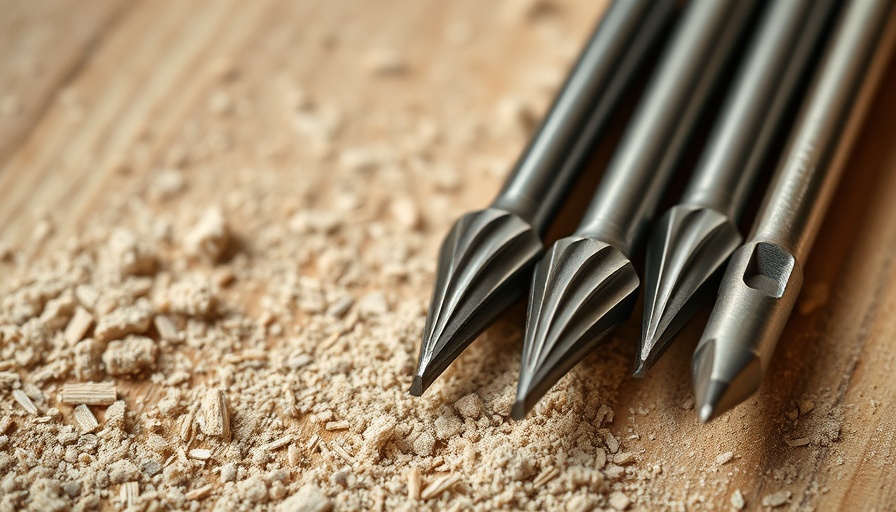Close-up of different types of router bits on sawdust