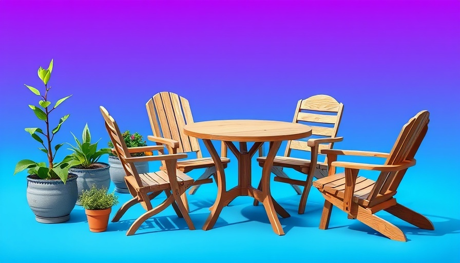 Stylish wooden patio set and Adirondack chair advertising Patio Set Sale.