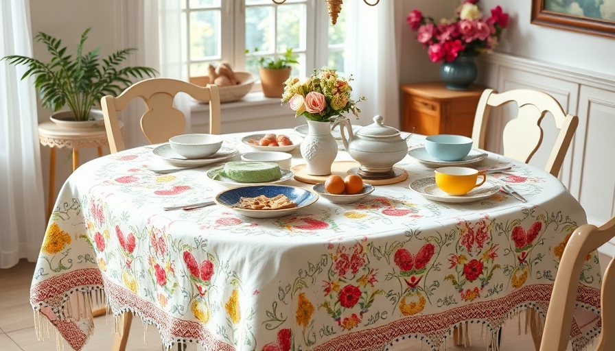 Whimsical embroidered tablecloth with colorful dishes, cozy setting.