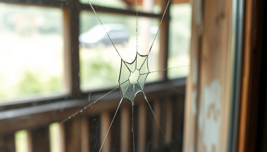 Cracked window with outdoor view, illustrating fixing techniques.