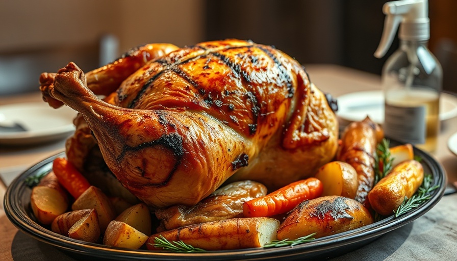 Grilled rotisserie chicken with potatoes and carrots, using basting spritz.