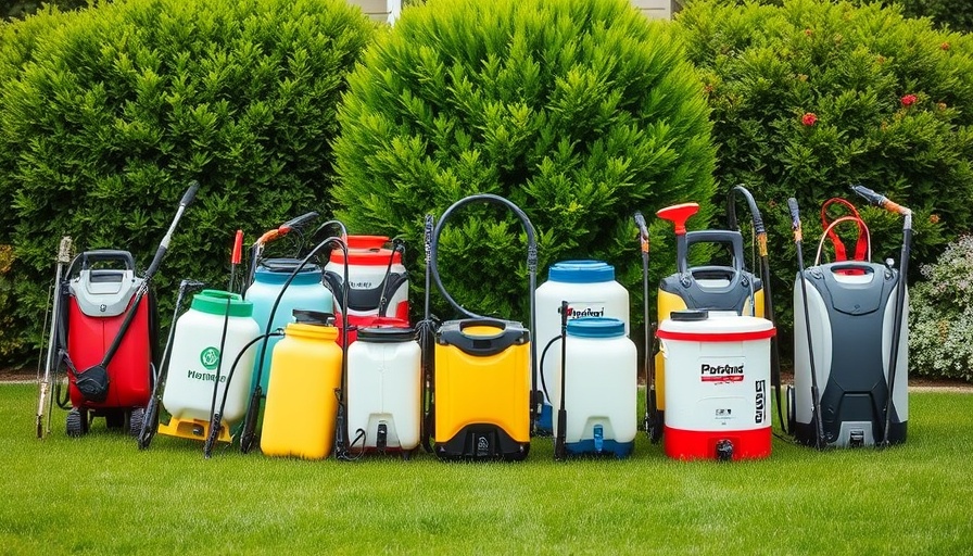 Variety of backpack sprayers on grass in a garden.