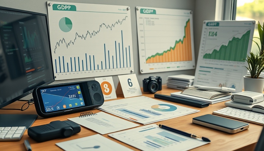 GDP growth charts and smartphone displaying stock trends in an office setting.