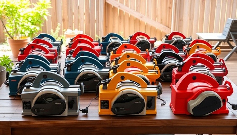 Best benchtop planers, colorful display on outdoor table, vibrant view.