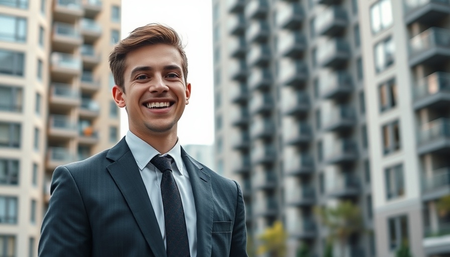 Smiling man in suit with rental properties background, financial freedom focus.