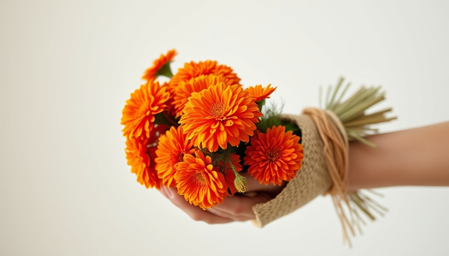 Vibrant marigold bouquet in straw wrap held as a thoughtful gift.