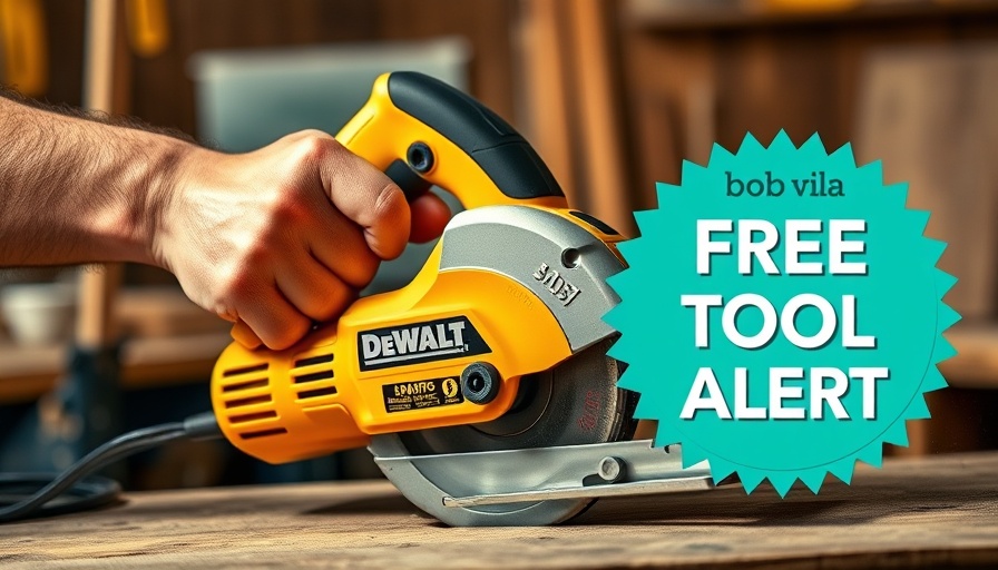 DeWalt power tool in action with free tool promo badge.
