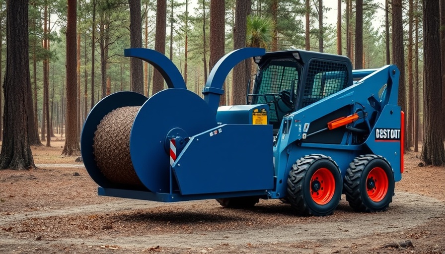 Heavy Duty Drum Mulcher in wooded area, attached to skid steer.