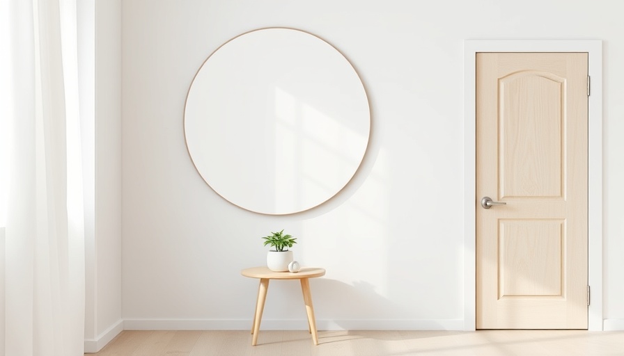 Minimalist room with painted circle wall mural and plant.