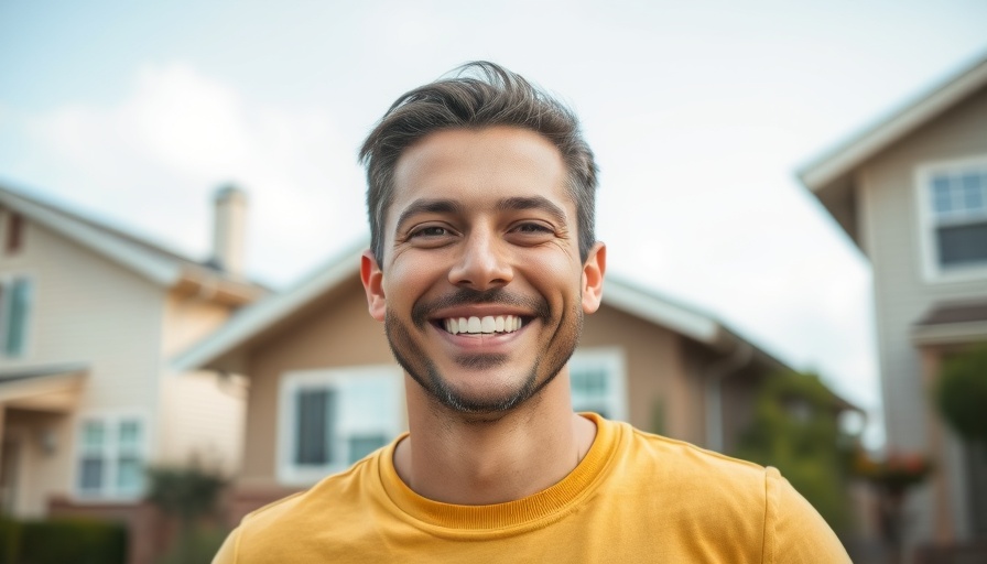 Smiling man outdoors with suburban houses in the background.