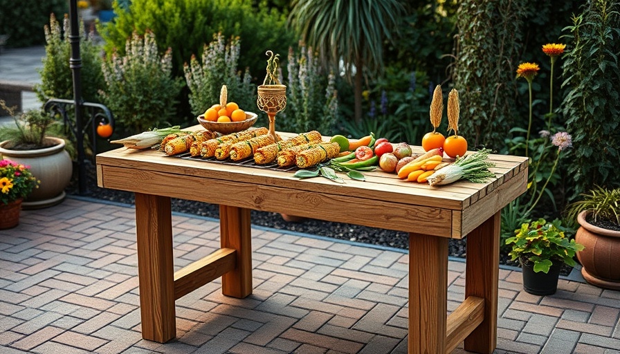 DIY grill table setup in a lush backyard garden.
