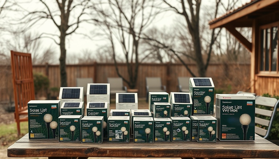 Assorted solar lights boxes displayed outdoors on a table.