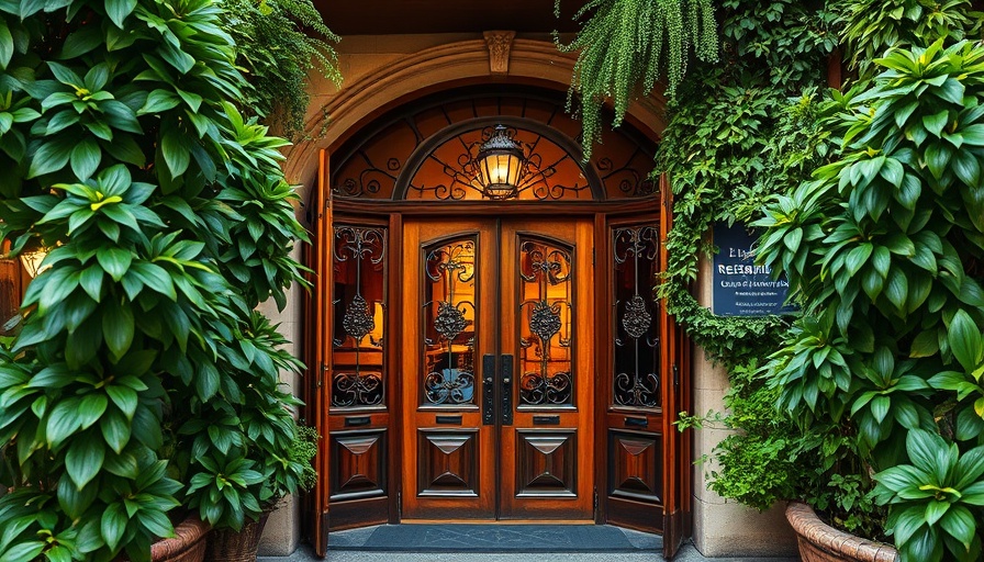 Beautiful entrance of a Mexico City restaurant surrounded by greenery.