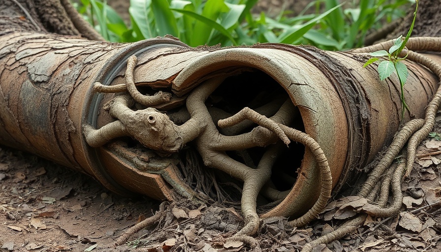 Damaged sewer pipe with invasive tree roots highlighting root killers for sewer lines