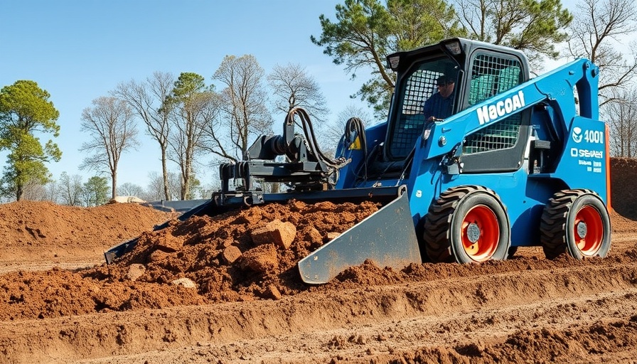 Hydraulic rock rake attached to skid steer leveling dirt in garden.