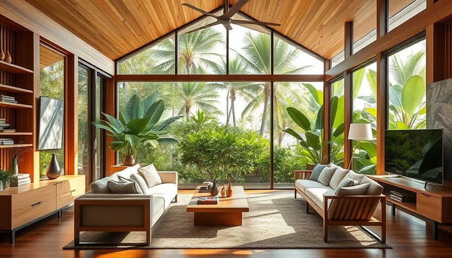 Modern Hawaiian living room with wooden furniture and large windows in a house renovation.