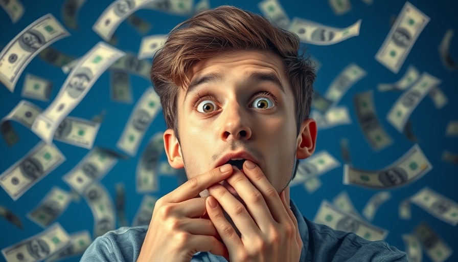 Surprised man in front of dollar bills backdrop, podcast theme