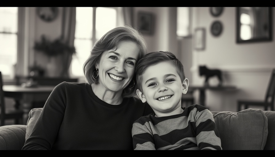 Vintage photo of mother and son smiling indoors.