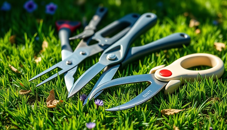 Best grass shears and lawn tools on grass with flowers.