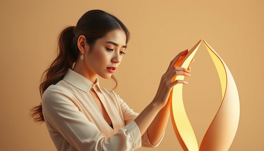 Woman adjusting Lana Launay sculptural lamp with focus.