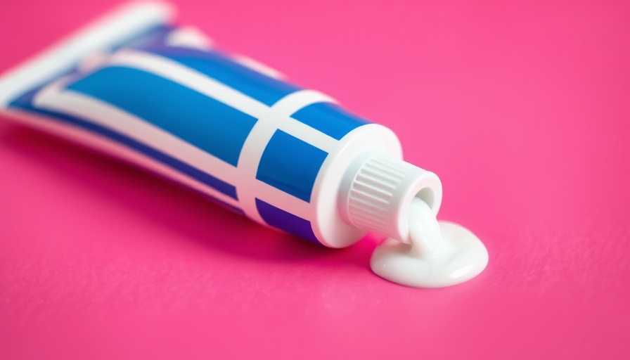 Close-up of toothpaste tube with blue and white stripes on pink background