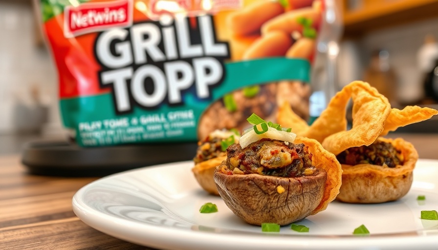 Grill Crab Rangoon Stuffed Mushrooms on plate with grill toppers.