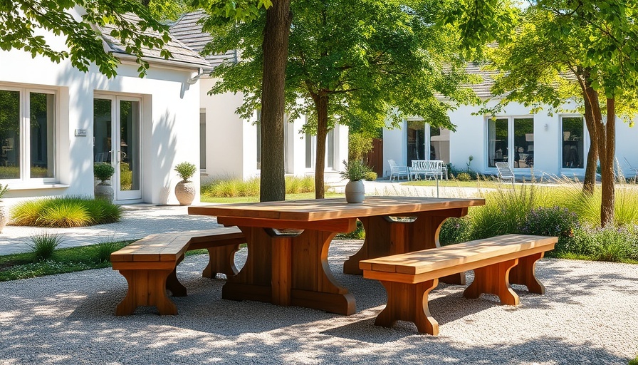 Creating Outdoor Rooms: Sunlit patio with wooden dining setup, modern house.