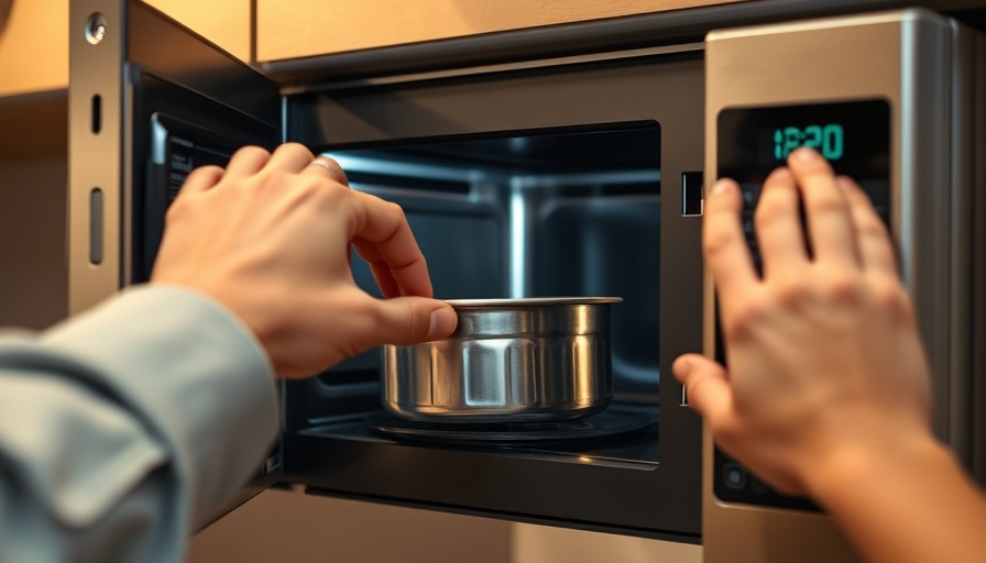 Person placing metal container in microwave, cautionary kitchen scene.