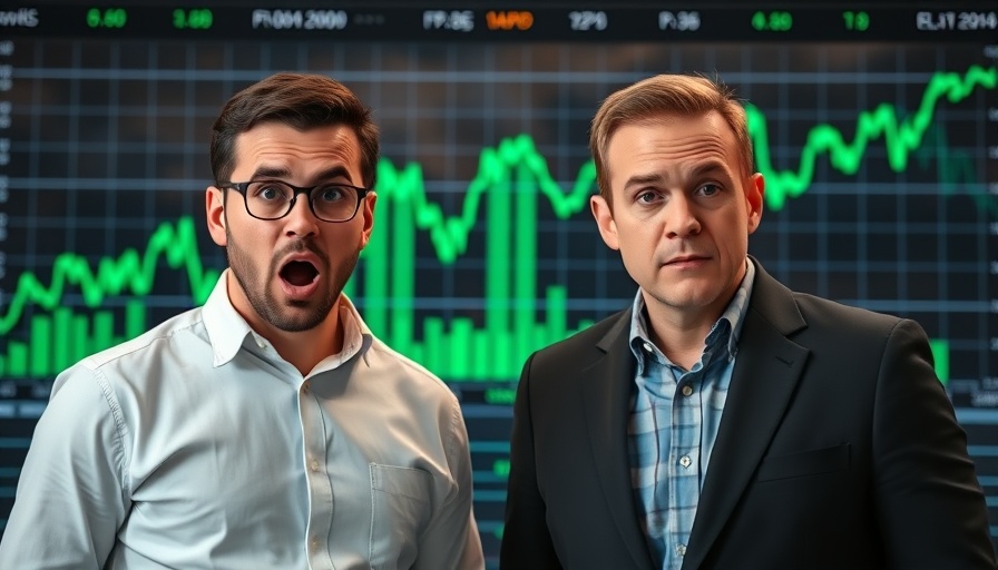 Men reacting to Wall Street bets on real estate with stock background.