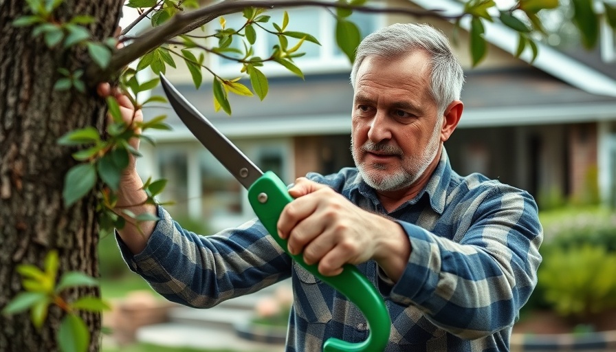 Man trimming tree with loppers, learning how to sharpen loppers.