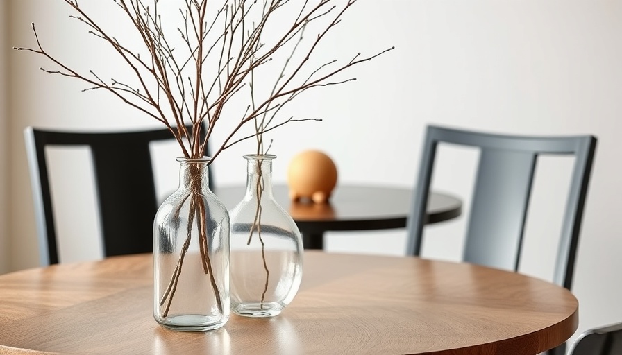 Sculptural glass vases with branches on a round table, minimalist setting.