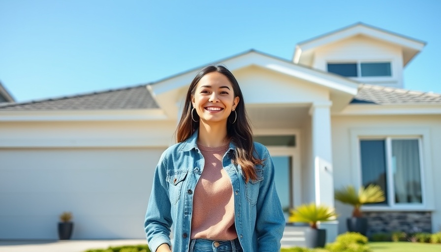 Smiling woman in front of modern suburban house, first-time homebuyer tips.