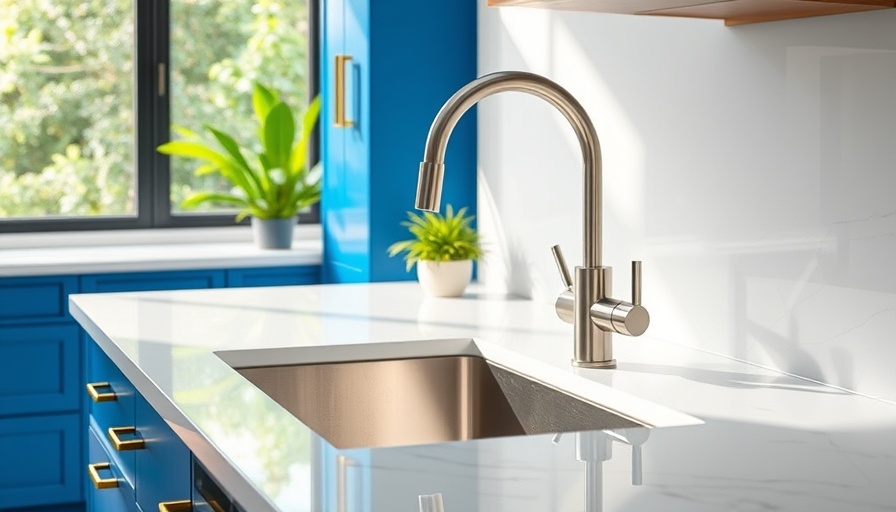 Modern kitchen with air gap next to faucet, blue cabinets