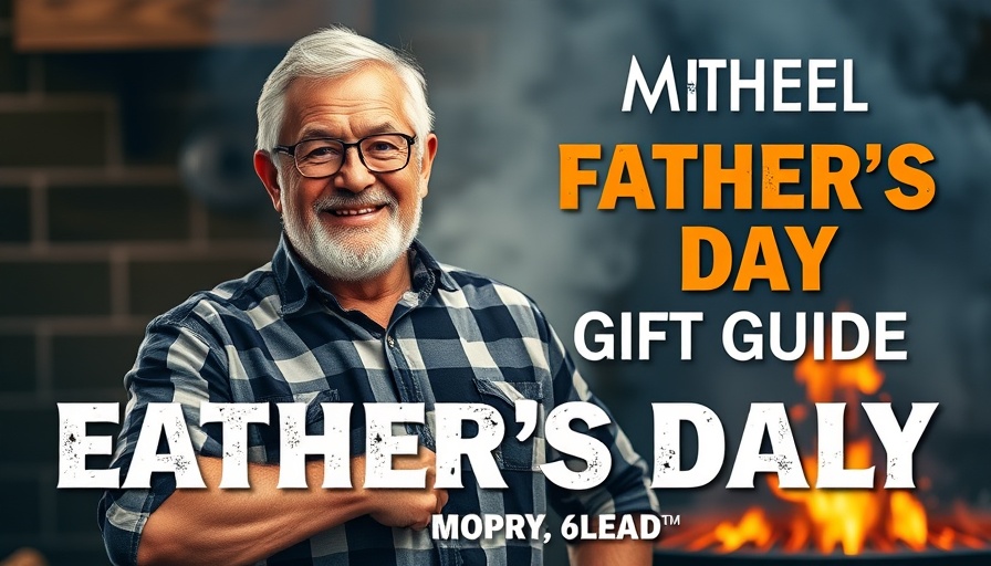 Vibrant Father's Day grilling gifts guide with man and fiery grill.