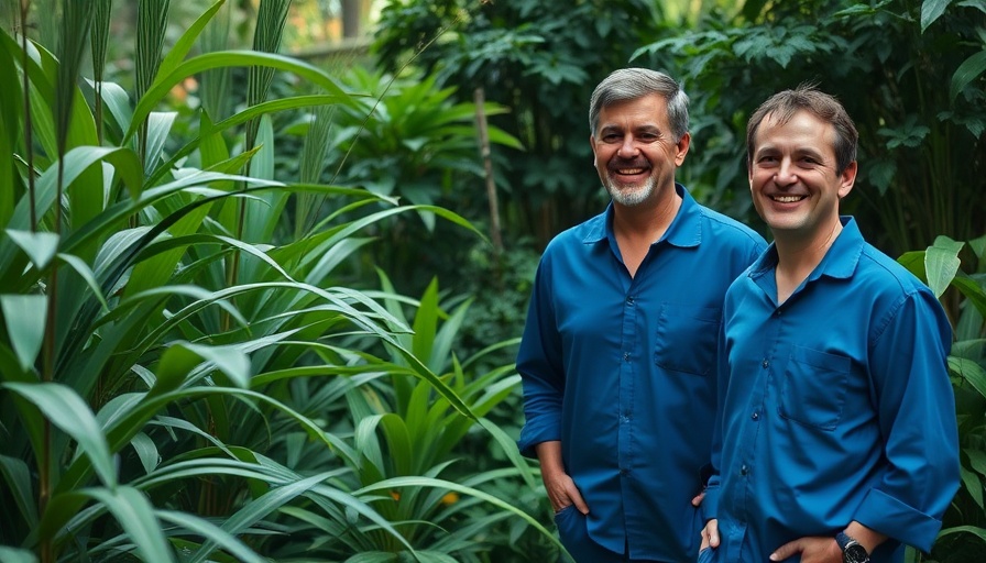 Utilitarian Chic in Gardening: Two men in blue outfits in a lush garden.
