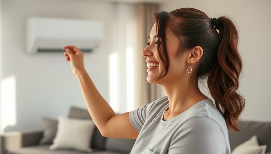 Cheerful woman adjusting ductless mini-split AC in a cozy living room.