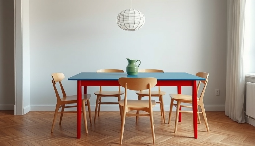 Minimalist room with a color-blocked dining table setup, featuring modern design.