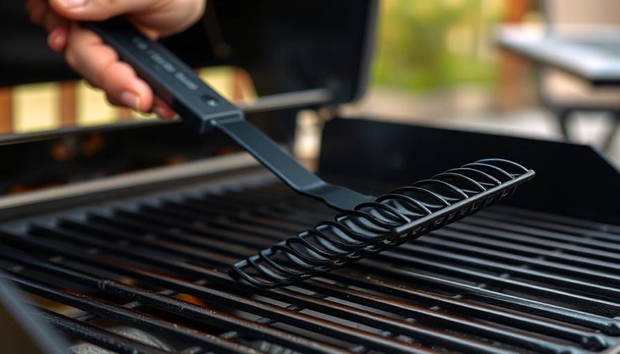 Close-up of hand using wire grill brush for safety cleaning.