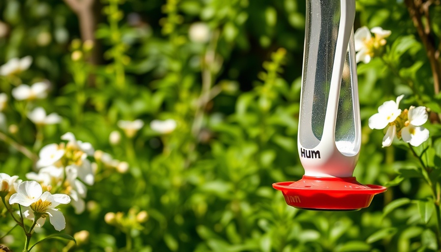Bird Buddy Hum Feeder hanging in lush garden