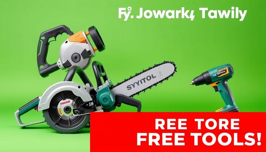 Assorted power tools highlight free tools and accessories during Memorial Day sales.