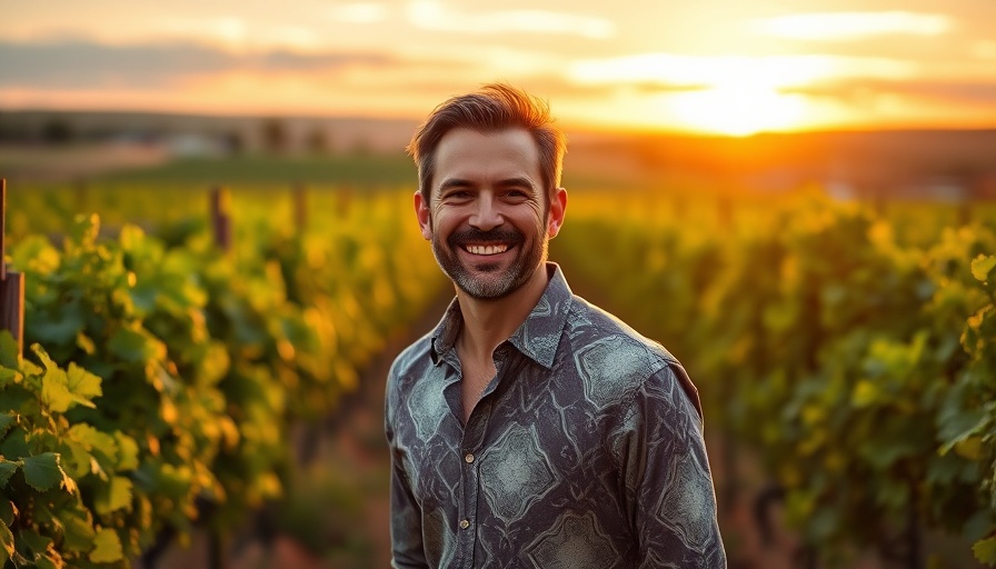 Man in vineyard with sunset, urban gardening tips.