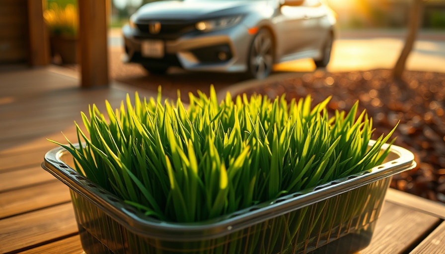 Tray of green grass on porch in sunlight, best grass for sandy soil.
