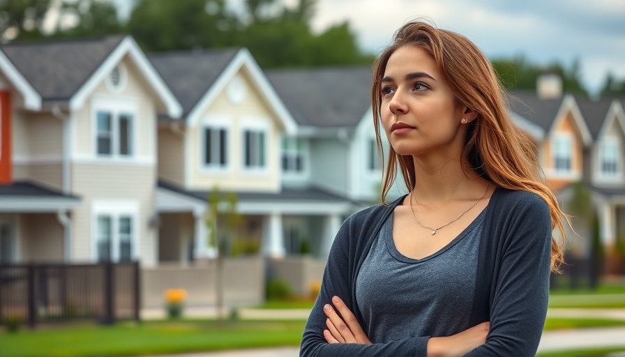 Thoughtful woman considering cash-flowing real estate deals with houses in the background.