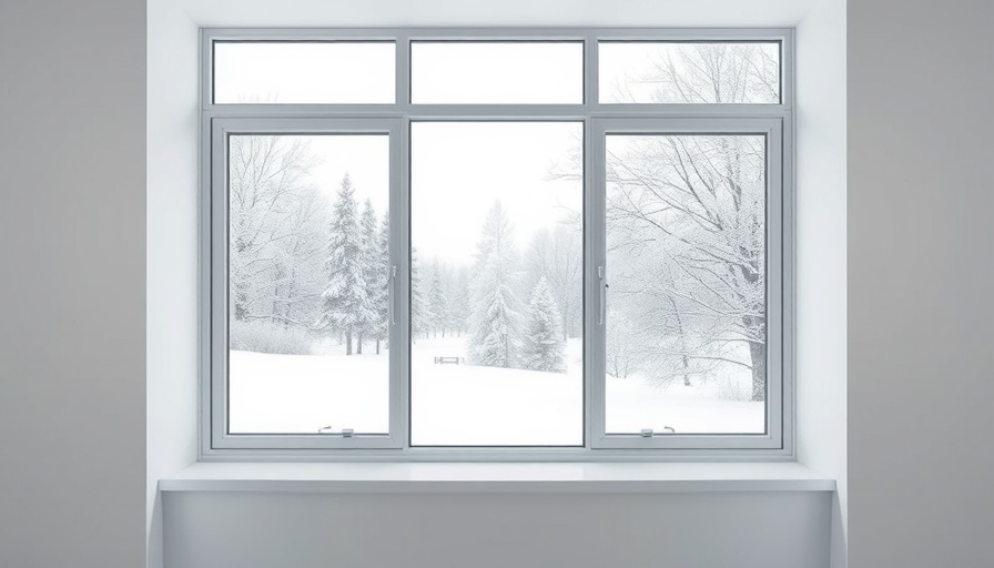 Snow-covered trees visible through insulated window glass, window insulation techniques.