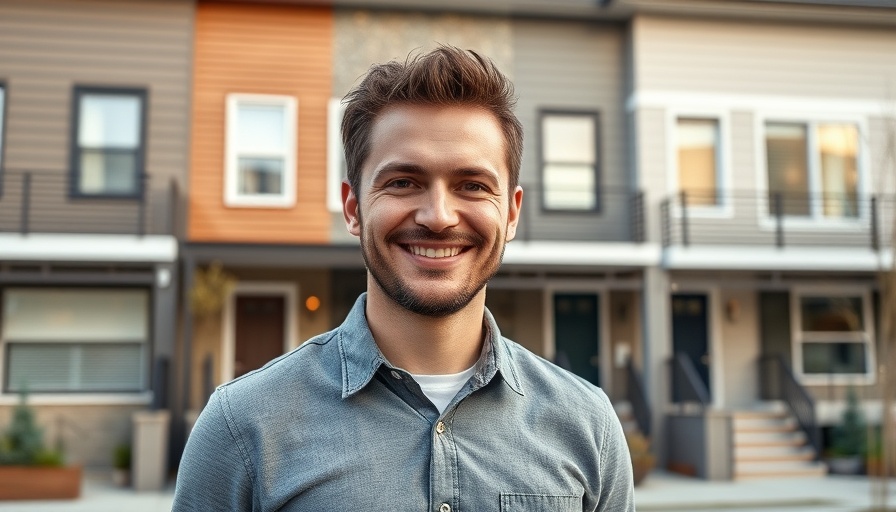 Confident man in front of modern rental properties for passive income.
