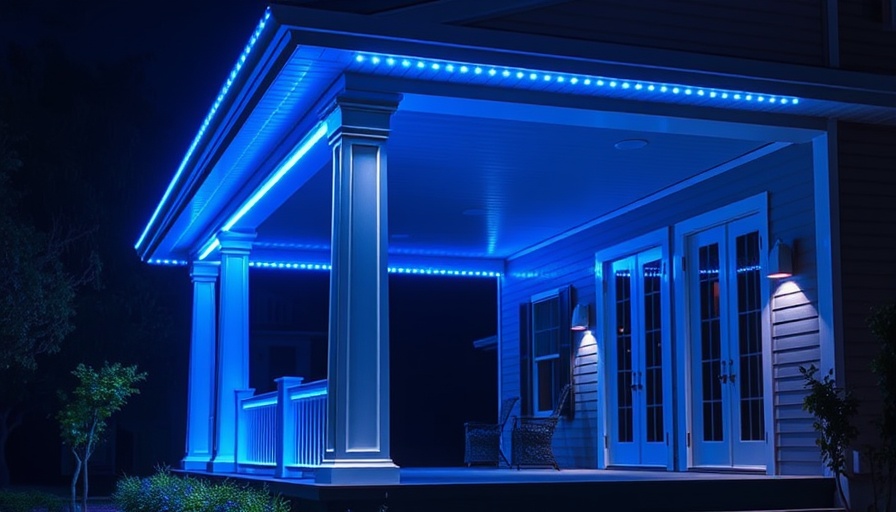 Porch with blue LED strip lights, best outdoor LED strip lights display.