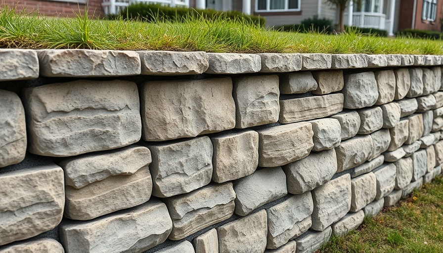 Stone retaining wall showing wear, for retaining wall collapse prevention.