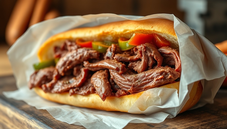 Italian beef sandwich Chicago style with peppers in wax paper.