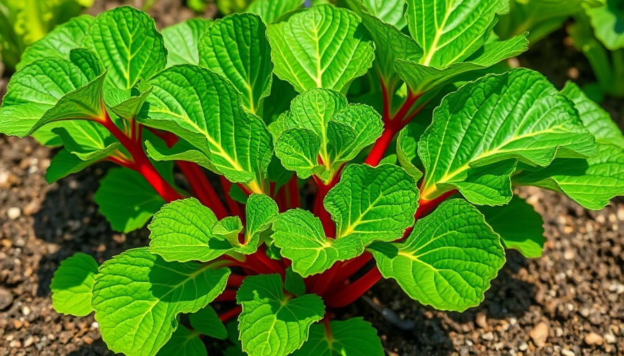 Rhubarb plant with vibrant leaves in garden bed.