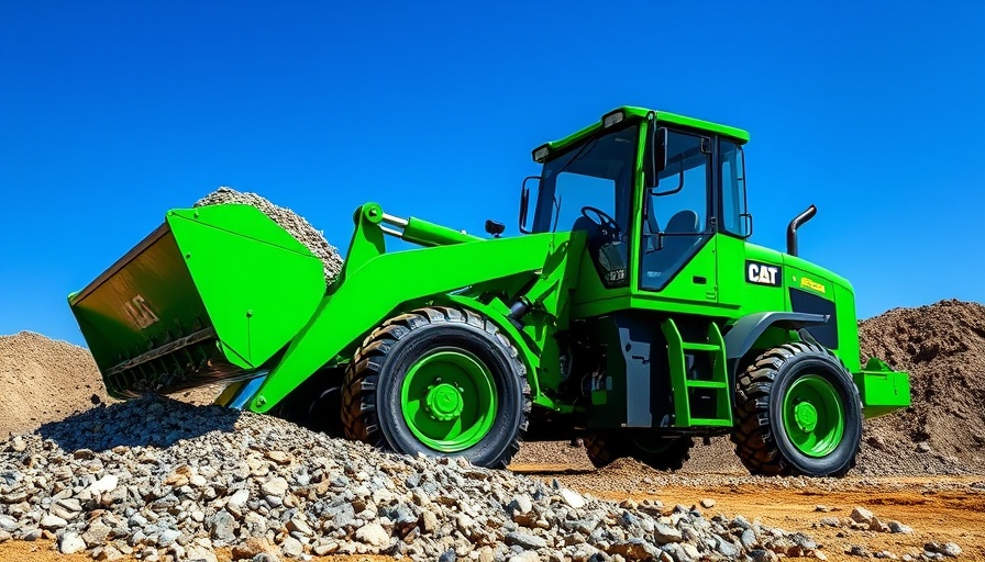 Green small articulated loader dumping gravel at construction site.